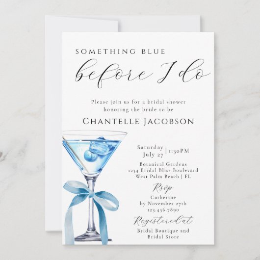 Something Blue Chic Martini QR Code Bruiloftsfeest Kaart (Voorkant)
