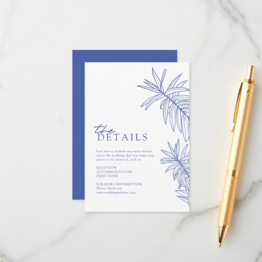 Something Blue Elegant Botanical Leaves Details Informatiekaartje (Voorkant / Achterkant in situ)