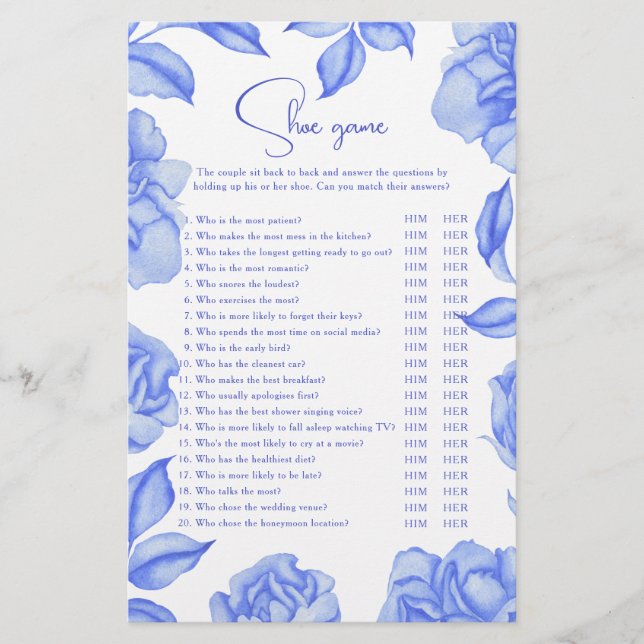 Something blue floral Bridal shower Shoe game (Voorkant)