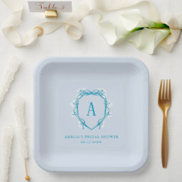 Something Blue Floral Crest Monogram Vrijgezellenf Papieren Bordje