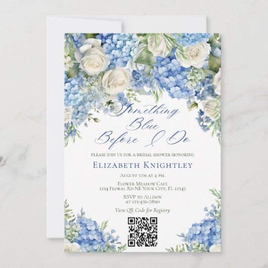 Something Blue Hortensia Bruiloft QR Code Kaart (Voorkant)