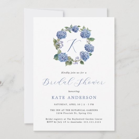 Something Blue Hydrangeas Monogram Vrijgezellenfee Kaart (Voorkant)