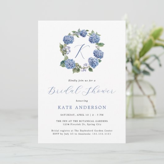 Something Blue Hydrangeas Monogram Vrijgezellenfee Kaart (Staand voorkant)