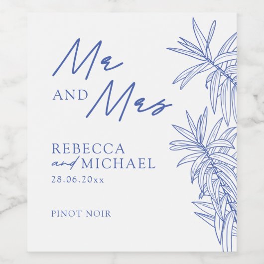 Something Blue Simple Botanical Mr & Mrs Wedding Wijn Etiket (Enkel label)