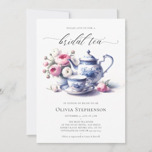 Something Blue Toile Rozen Chic Bruids Theeschower Kaart (Voorkant)