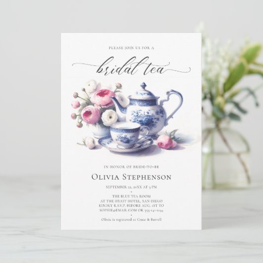 Something Blue Toile Rozen Chic Bruids Theeschower Kaart (Staand voorkant)