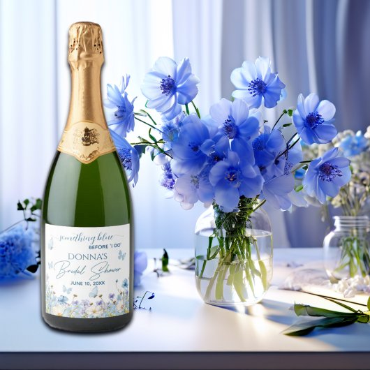 Something Blue voor 'Ik doe' Bruiloft bloemenshowe Sparkling Wijnetiket