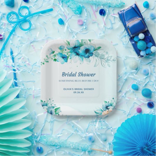Something Blue Waterverf Bloemige Bruiloft Feest  Papieren Bordje (Feest)