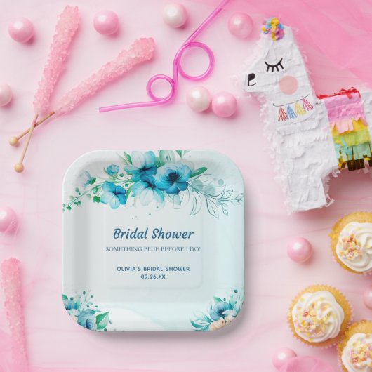 Something Blue Waterverf Bloemige Bruiloft Feest Papieren Bordje (Feest)