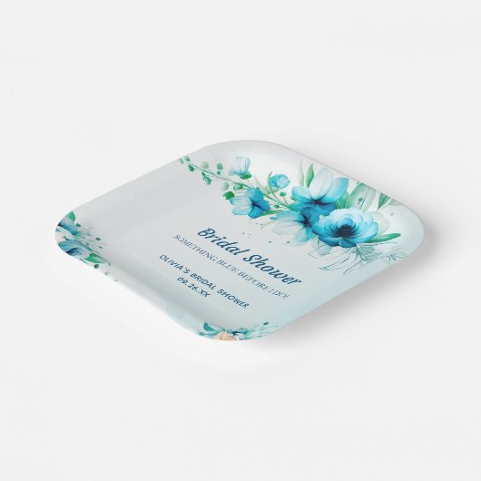 Something Blue Waterverf Bloemige Bruiloft Feest Papieren Bordje (Gebogen)