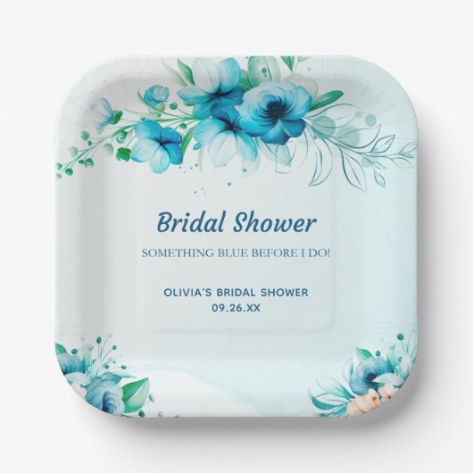 Something Blue Waterverf Bloemige Bruiloft Feest Papieren Bordje (Voorkant)