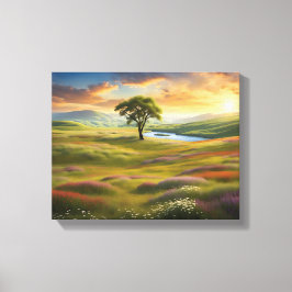 Sommerwiesen Landschaft bei Sonnenuntergang Canvas Afdruk