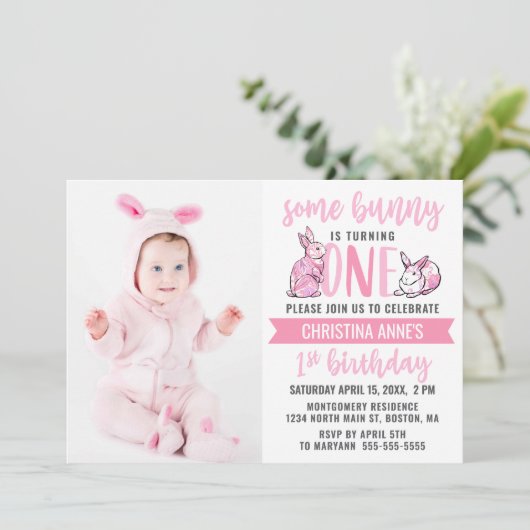 Sommige Bunny 1e Verjaardag Roze Schattige Meisje  Kaart (Staand voorkant)