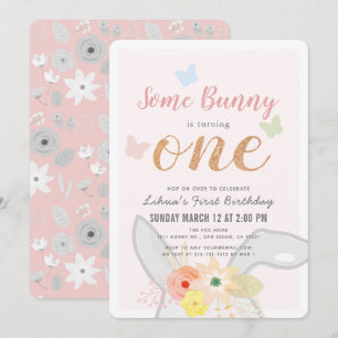 Sommige Bunny Girl Roze Grijs Bloemen 1e Verjaarda Kaart