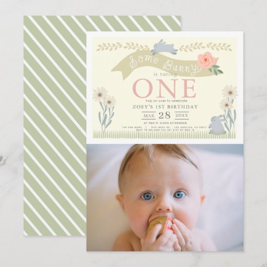 Sommige Bunny Pastel Geel Foto 1e verjaardag Kaart (Voorkant / Achterkant)