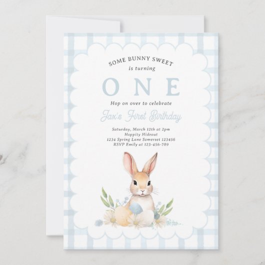 Sommige Bunny Pastel Spring Blue Gingham 1e Verjaa Kaart (Voorkant)