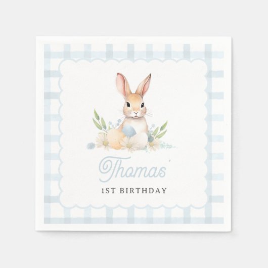 Sommige Bunny Pastel Spring Blue Gingham 1e Verjaa Servet (Voorkant)