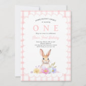Sommige Bunny Pastel Spring Pink Gingham 1e verjaa Kaart (Voorkant)