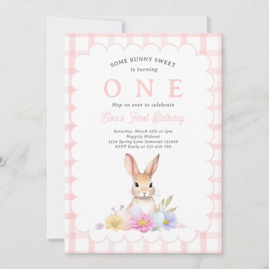 Sommige Bunny Pastel Spring Pink Gingham 1e verjaa Kaart (Voorkant)