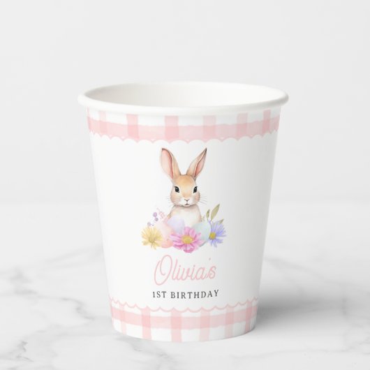 Sommige Bunny Pastel Spring Pink Gingham 1e verjaa Papieren Bekers (Voorkant)