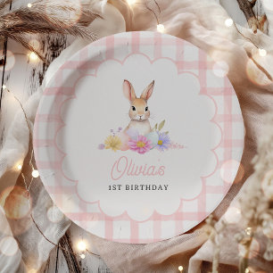 Sommige Bunny Pastel Spring Pink Gingham 1e verjaa Papieren Bordje