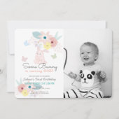 Sommige Bunny Pink Bloemen Foto 1e Verjaardag Kaart (Voorkant)