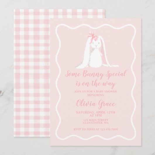 Sommige Bunny Special Pink Gingham Baby shower Kaart (Voorkant / Achterkant)