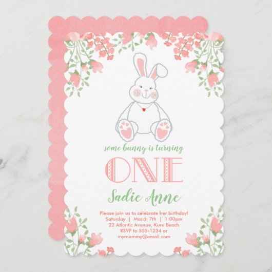 Sommige Bunny Waterverf Blush Roze 1e Verjaardag Kaart (Voorkant / Achterkant)