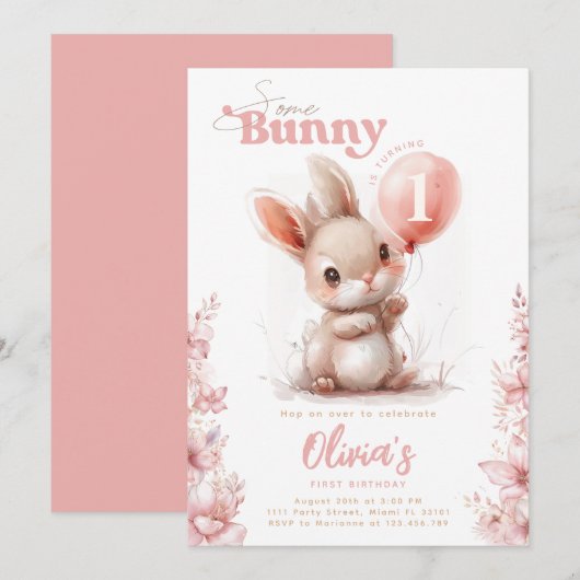 Sommige konijn is 1 roze meisje 1e verjaardag kaart (Voorkant / Achterkant)