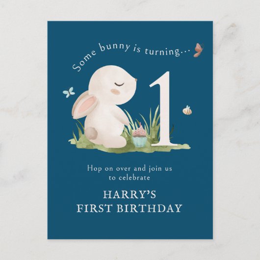 Sommige konijn is een blauwe 1e verjaardag uitnodi briefkaart (Voorkant)