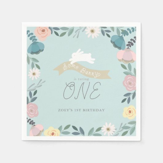 Sommige konijntje bloementuin 1e verjaardag blauw servet (Voorkant)