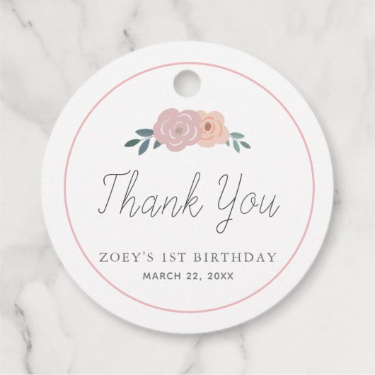 Sommige konijntje bloementuin 1e verjaardag roze bedankjes labels (Achterkant)