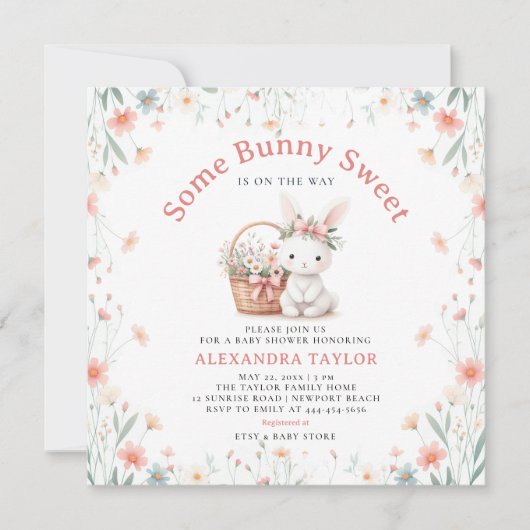 Sommige konijntje zoete wilde bloemen picknick Bab Kaart (Voorkant)