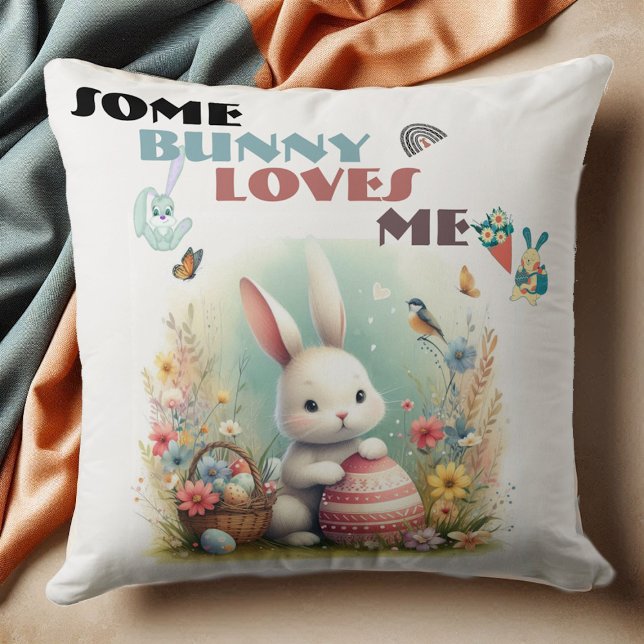 Sommige konijntjes houden van mij Bloemen Paaseier Kussen (Some Bunny Loves Me Floral Easter Eggs Basket Cute Throw Pillow)