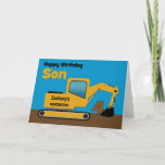 Son 4th Birthday Yellow Excavator Add Name Kaart<br><div class="desc">A fun fourth birthday card for a son who loves construction equipment and earth movers. It has a yellow digger on the front with an area on the cab where you can change the name of the construction company to your son's name. The number 4 is being scooped up in...</div>