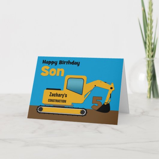 Son 5th Birthday Yellow Excavator Naam toevoegen Kaart (Voorkant)