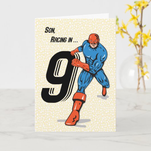 Son 9th Birthday Superheld Kaart (Gele Bloem)