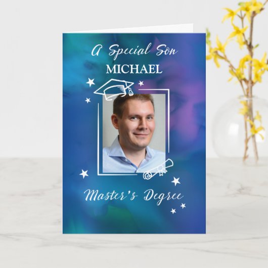 Son Aangepaste foto en naam Master's Degree Kaart (Gele Bloem)