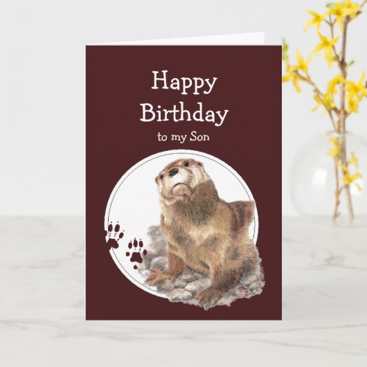 Son Birthday Otter Funny Animal Custom Text Kaart (Gele Bloem)