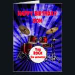 Son Birthday You Rock Drums<br><div class="desc">Een verjaardagskaart voor een zoon. Zet het volume op verjaardagswensen! Met een opvallende set drums en de uitdrukking "You rock the universe", is deze kaart een energieke manier om het leven van het feest te vieren. Of ze nu een drummer zijn of gewoon rockster-vibes hebben, deze kaart slaat alle juiste...</div>