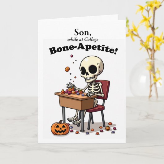 Son College Halloween Funny Skeleton Bone-Apetit Kaart (Gele Bloem)