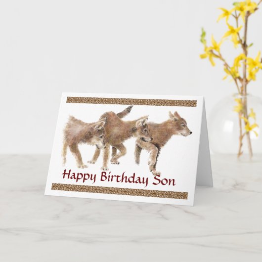 Son Cute Wolf Pups Birthday Card Kaart (Gele Bloem)