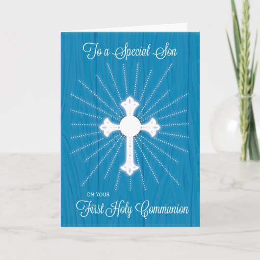 Son First Community Cross and Rays on Blue Wood Kaart (Voorkant)