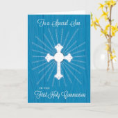 Son First Community Cross and Rays on Blue Wood Kaart (Gele Bloem)