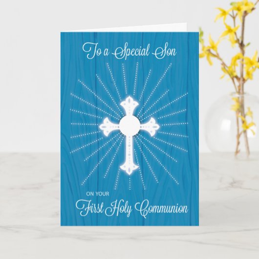 Son First Community Cross and Rays on Blue Wood Kaart (Gele Bloem)