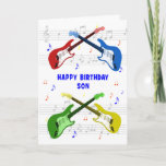 Son Guitars Birthday Card Kaart<br><div class="desc">Een mooie verjaardagskaart voor een zoon. Elektrische gitaarkleurige kunst met een muziekschaal op de achtergrond. Je kunt niet te veel gitaren hebben. Een heel coole gitaarverjaardagskaart,  viert de energie en de pure lol van dit muziekinstrument. Een perfecte verjaardagskaart voor gitaristen en muziekliefhebbers.</div>