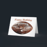 Son in Law Verjaardag Grunge Grote Football Sport Kaart<br><div class="desc">De gestoorde details en gedurfde elementen vangen de opwinding en energie van de sport, waardoor het een ideale kaart voor een football-liefhebbende schoonzoon. Dit is een perfecte keuze voor het vieren van de verjaardag van een sportliefhebber. De cover is voorzien van een opvallende footballs afbeelding met een grunge-stijl ontwerp, waardoor...</div>