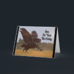 Son Pegasus Verjaardag Wenskaart Kaart<br><div class="desc">Geweldige, afbeelding van een zwarte Pegasus, klaar om te vliegen, is te zien op dit wenskaart voor een zoon. Op de voorkant van de kaart staat "Zoon op je verjaardag" en op de binnenkant staat: "Moge je dromen vliegen en het jaar door hoog vliegen als een Pegasus, op je verjaardag....</div>