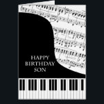 Son Piano en Music Birthday<br><div class="desc">Een verjaardagskaart voor een zoon die piano-muziek gebruikt. Een grote piano met de sleutels aan de onderkant van de kaart. Een muziekvel vult de achtergrond. Een geweldige kaart voor iemand die van muziek houdt. Dit is GEEN muziekkaart, het speelt GEEN muziek:</div>