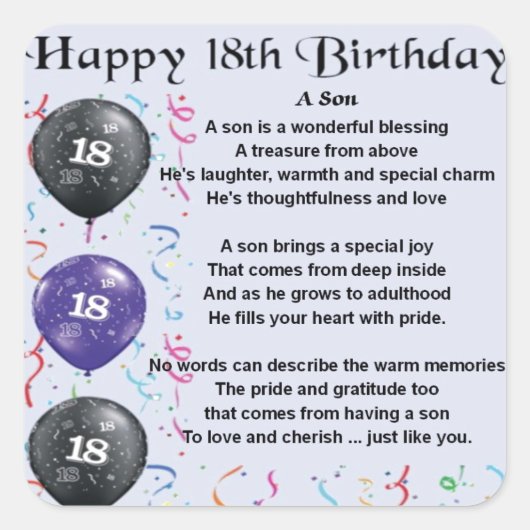 Son Poem 18th Birthday Design Vierkante Sticker (Voorkant)